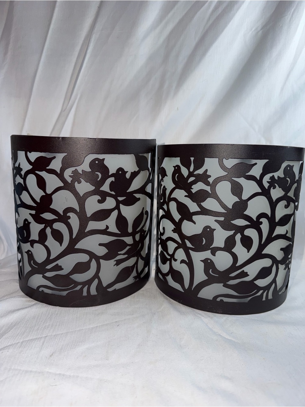 Set of 2 Bird & Branch Metal Wall Candle Sconces with Frosted Glass